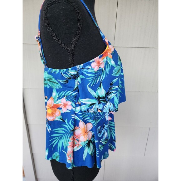 Liz Claiborne Swim Top Blue/Floral Layered Ruffled Adjust Straps Size 10 - Picture 3 of 8